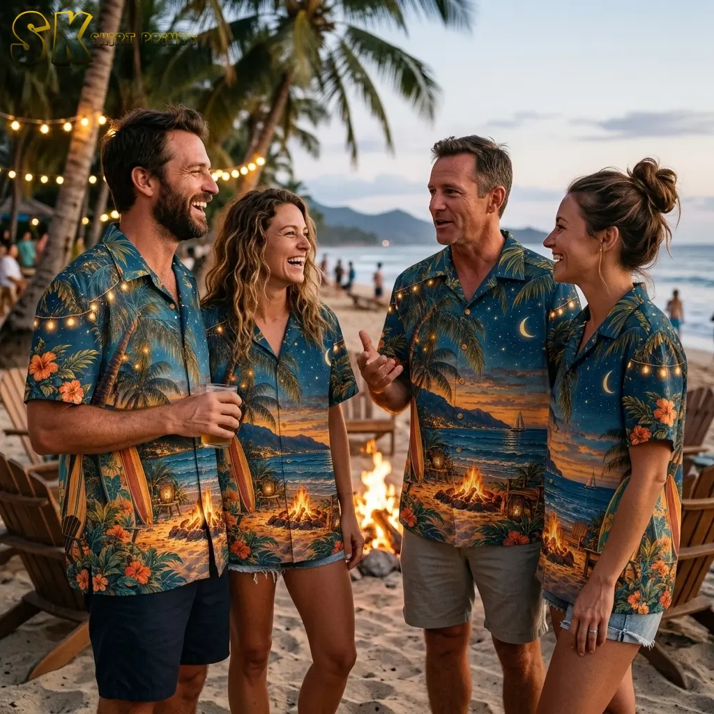 Four adults wearing matching tropical beach-print shirts gather near a bonfire beneath palm trees and string lights.