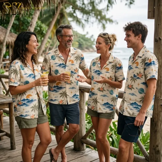 Four adults gather on a beachside wooden deck wearing matching cream shirts with tropical scenery and ringed planets.