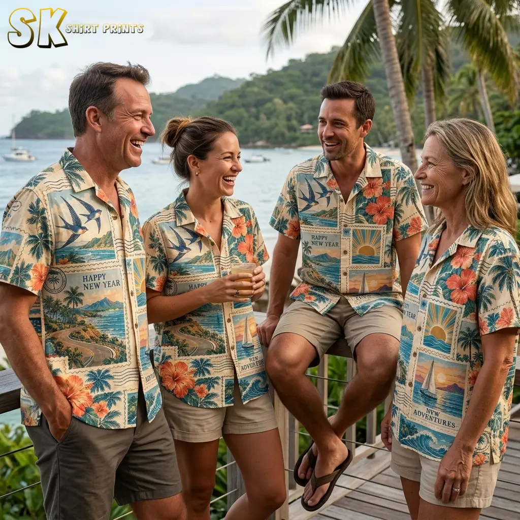 Four adults wear matching Happy New Year Hawaiian shirts with tropical stamp illustrations while gathered on a deck beside a palm-lined bay.