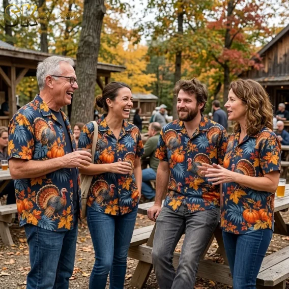 Four adults chat beside picnic tables in matching navy turkey-print shirts, surrounded by trees with fall foliage.