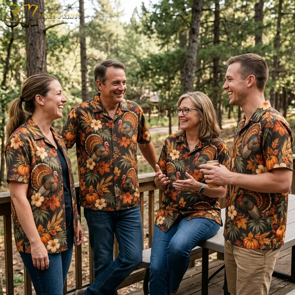 Four adults smile together on a wooded deck in matching dark brown shirts patterned with turkeys and autumn foliage.