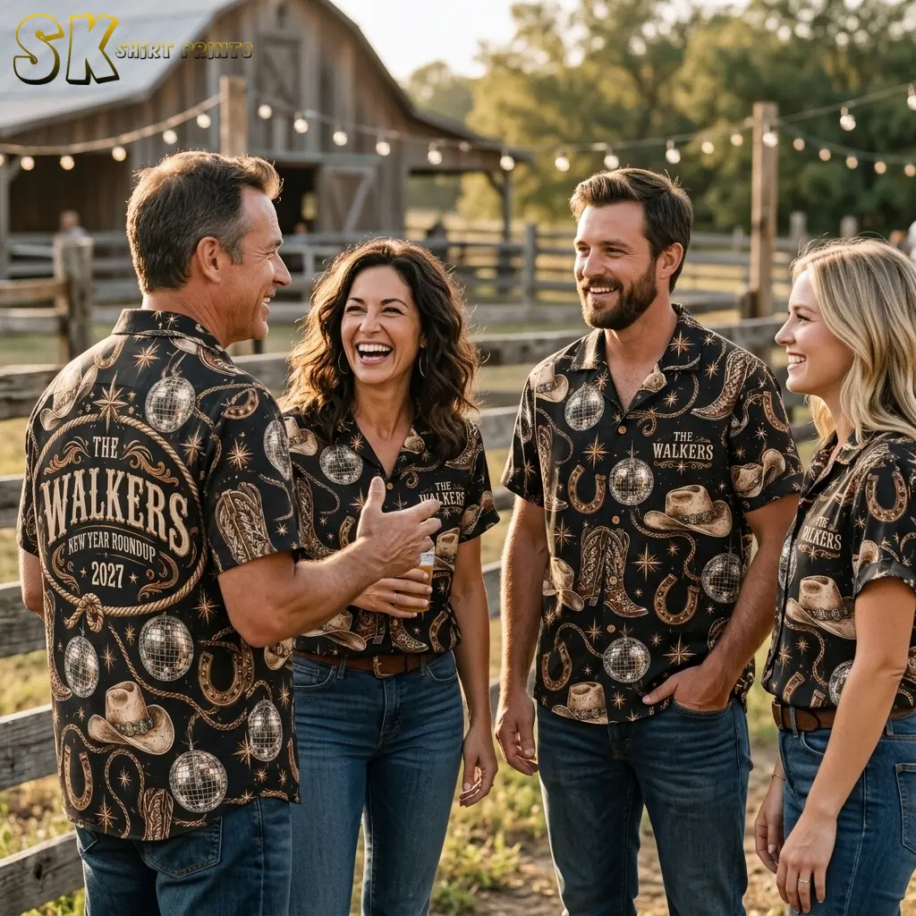 Four adults wear matching black Western-print shirts outside a barn, showing both the chest lettering and large 2027 back design.