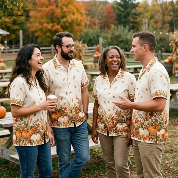 Four adults chat beside picnic tables while wearing matching cream Thanksgiving Hawaiian shirts with pumpkin borders.