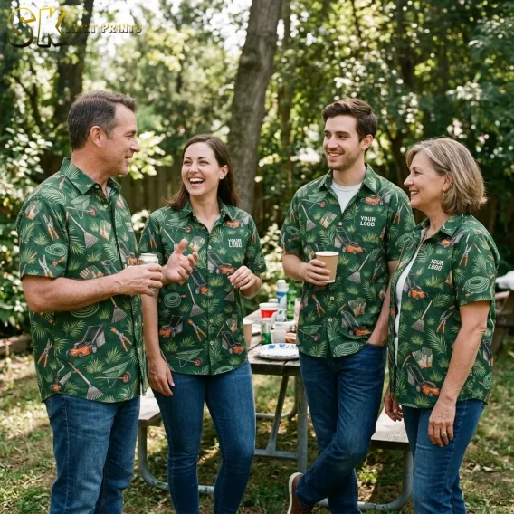 Two men and two women laughing and socializing outdoors, each wearing the same dark green company logo Hawaiian shirt with lawn tool print, showing how the design scales across different fits.