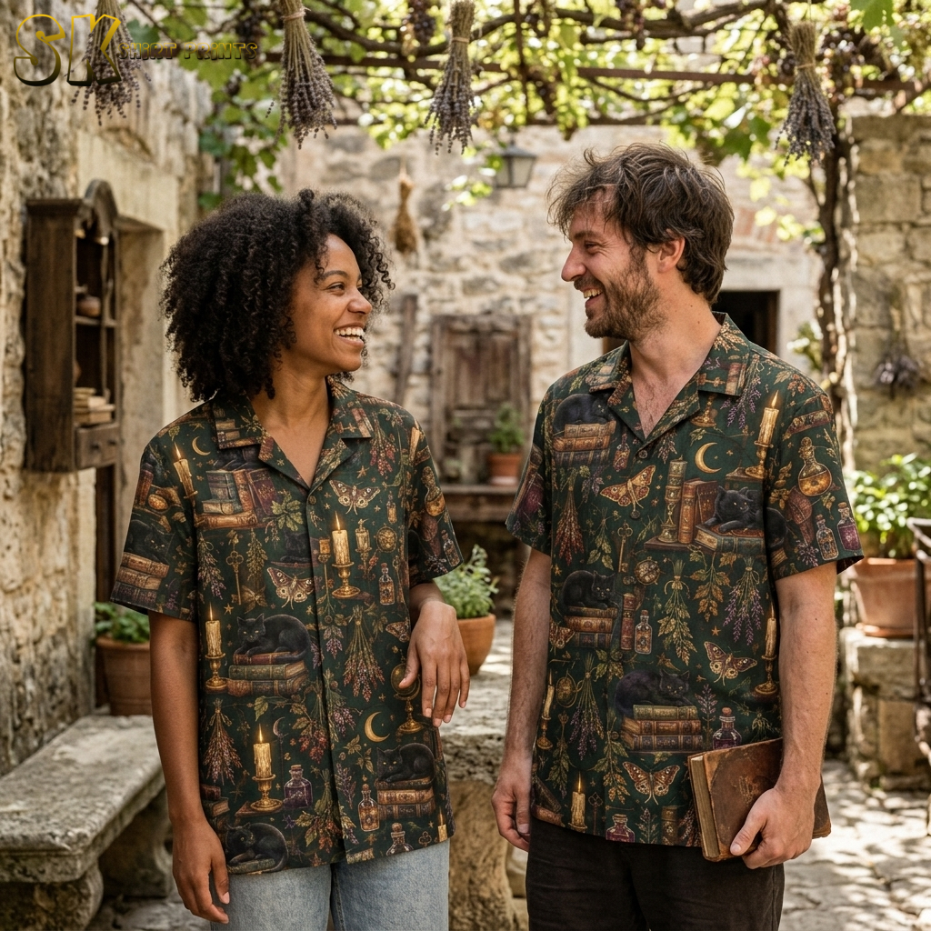 Two people wearing matching dark green halloween hawaiian shirts with a vintage apothecary pattern of black cats, candles, moths, and crescent moons.