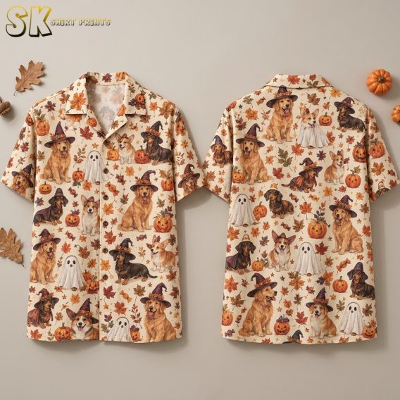 Front and back hanger view of a halloween hawaiian shirt with an all-over pattern of costumed dogs, jack-o'-lanterns, and autumn leaves on a cream base.