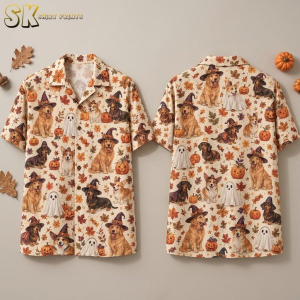 Costumed Dogs & Jack-o'-Lanterns Halloween Hawaiian Shirt