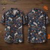 Front and back hanger view of a navy halloween hawaiian shirt with an all-over pattern of vintage steam locomotives, ghost smoke figures, crescent moons, and pocket watches.