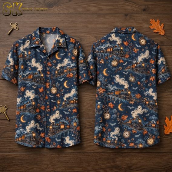 Front and back hanger view of a navy halloween hawaiian shirt with an all-over pattern of vintage steam locomotives, ghost smoke figures, crescent moons, and pocket watches.
