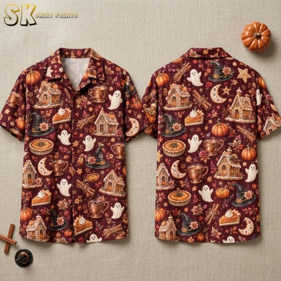 Front and back hanger views of a burgundy halloween hawaiian shirt with gingerbread houses, ghosts, witch hats, and pumpkin pie motifs.