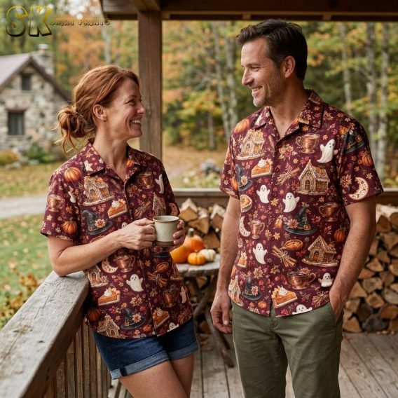 Couple wearing matching burgundy halloween hawaiian shirts with gingerbread houses, ghosts, pumpkin pies, and witch hat motifs.