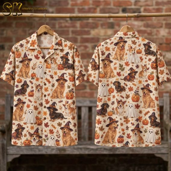 Flat lay of the front and back of a halloween themed hawaiian shirt showing an all-over pattern of costumed dogs, pumpkins, and fall leaves on a cream background.