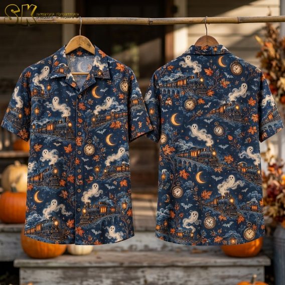 Flat lay of the front and back of a halloween themed hawaiian shirt in navy, showing repeating vintage train, ghost smoke, crescent moon, bat, and pocket watch motifs.
