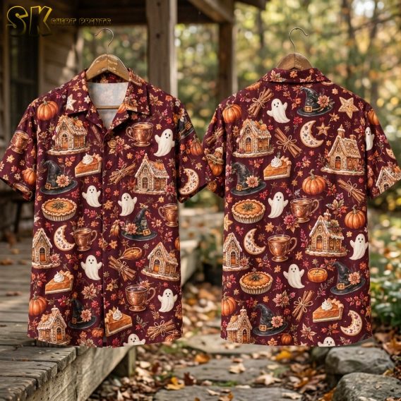 Flat lay of front and back of a burgundy halloween themed hawaiian shirt covered in gingerbread houses, ghosts, witch hats, pumpkins, and pie motifs.