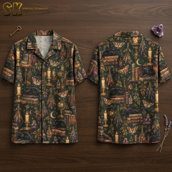 Flat-lay of the front and back of a dark green halloween themed hawaiian shirt with black cats, candles, crescent moons, moths, and vintage globes in an all-over pattern.