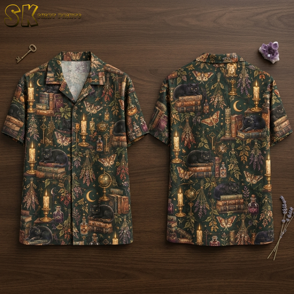Flat-lay of the front and back of a dark green halloween themed hawaiian shirt with black cats, candles, crescent moons, moths, and vintage globes in an all-over pattern.