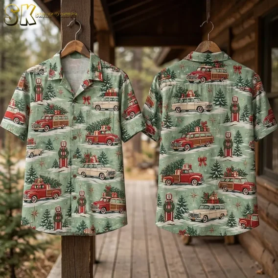 Front and back of the christmas hawaiian shirts for men shown on wooden hangers against a cabin porch post, displaying the camp collar, chest pocket, and the all-over vintage holiday car and pine tree print.