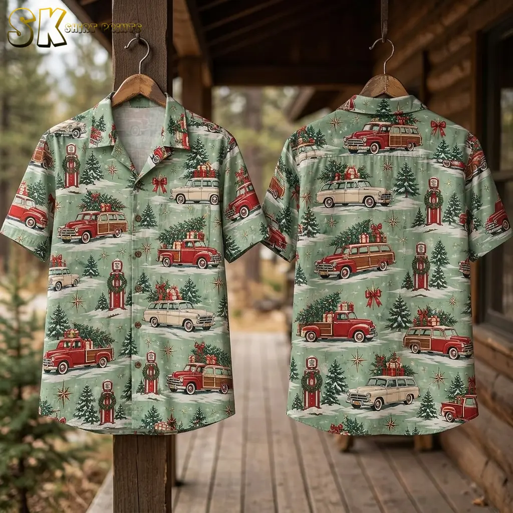 Front and back of the christmas hawaiian shirts for men shown on wooden hangers against a cabin porch post, displaying the camp collar, chest pocket, and the all-over vintage holiday car and pine tree print.