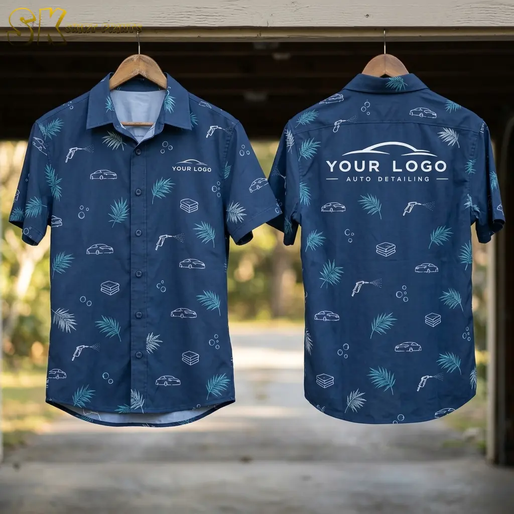 Front and back of a navy company logo hawaiian shirt hanging on a wooden hanger outdoors, showing the all-over car-wash print and the large 'Your Logo Auto Detailing' graphic across the upper back.
