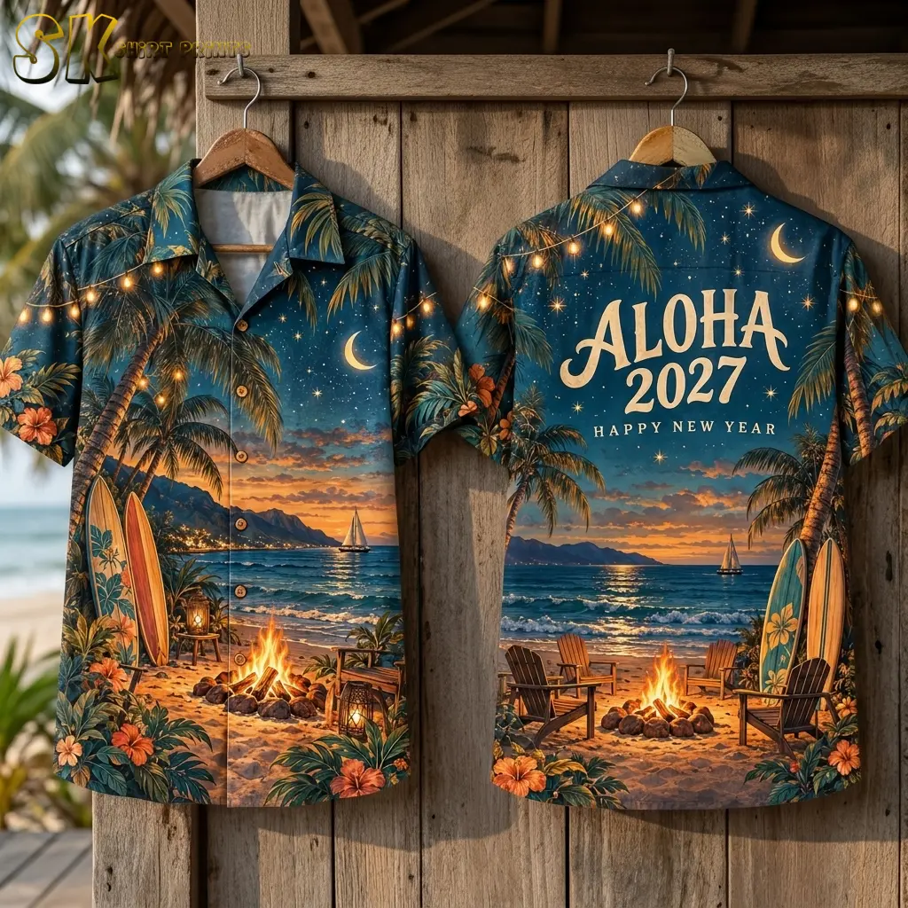 The shirt hangs front and back on wooden hangers against a plank wall, displaying beach artwork and “ALOHA 2027 HAPPY NEW YEAR” lettering.