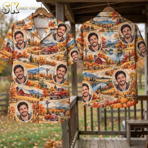 Front and back of an autumn-print shirt hang from wooden hangers on a porch, showing oval portraits among colorful farm landscapes.