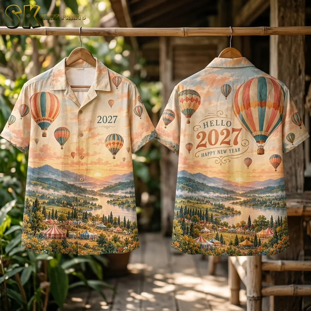 Front and back of a Happy New Year shirt hang from a bamboo pole, displaying hot air balloons and a river valley print.