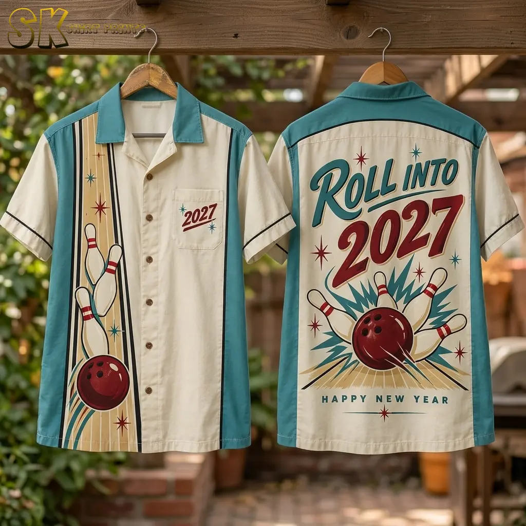 Front and back displays of the Roll Into 2027 bowling shirt hang from a wooden beam outdoors.