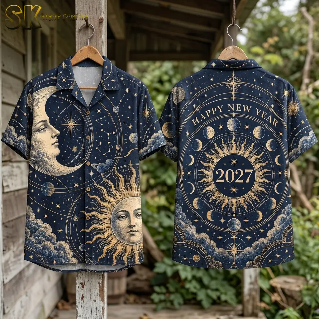 Front and back displays of the navy shirt hang on wooden hangers outdoors, with “HAPPY NEW YEAR” and 2027 visible on the back.