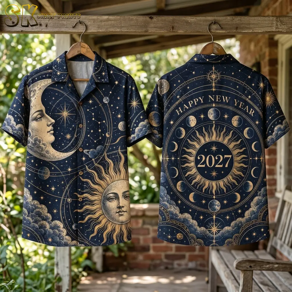 Front and back displays of a navy Happy New Year shirt hang from a wooden beam, showing celestial faces and a 2027 sunburst.