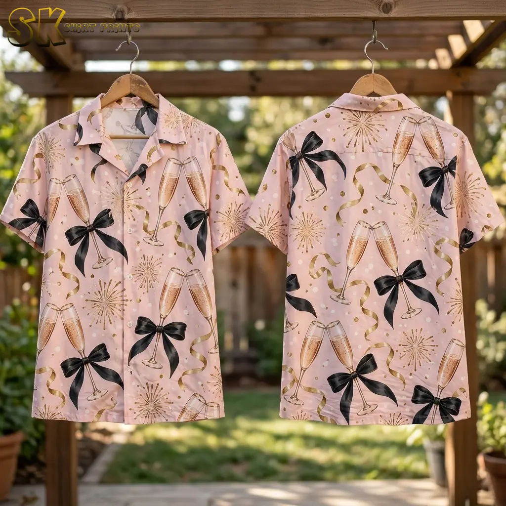 Two pink champagne-print shirts hang from wooden hangers outdoors, showing the button front and patterned back.