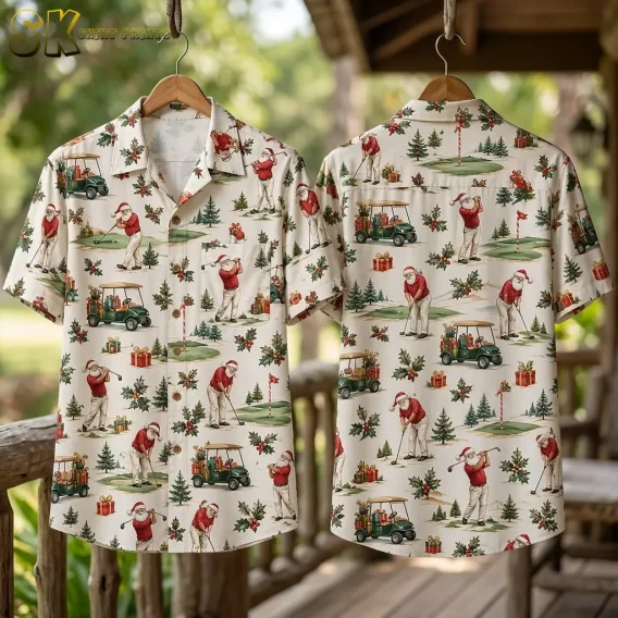 Front and back of a cream Christmas Hawaiian shirt hang from wooden hangers on a porch, displaying the all-over Santa golf print.