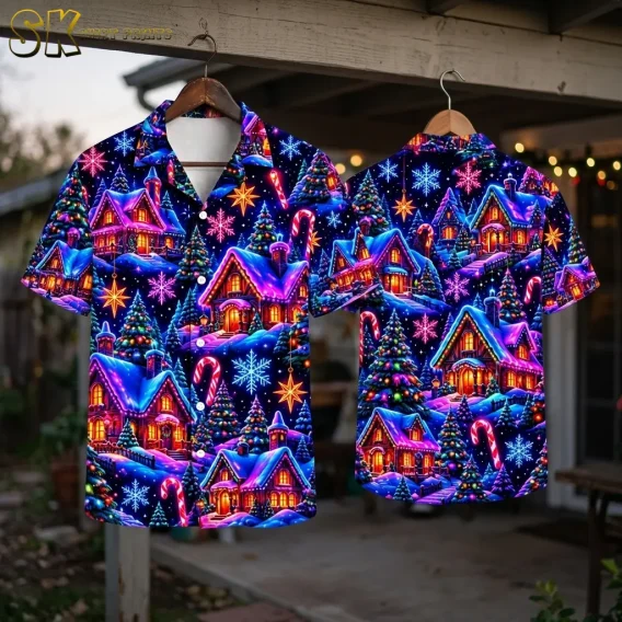 Front and back of the Christmas-print shirt hang from wooden hangers beneath a porch beam, with warm string lights behind them.