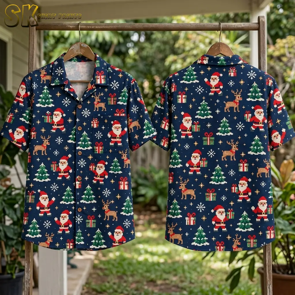 Two navy Christmas aloha shirts hang on wooden hangers outdoors, showing the front and back of the pixel-style holiday print.