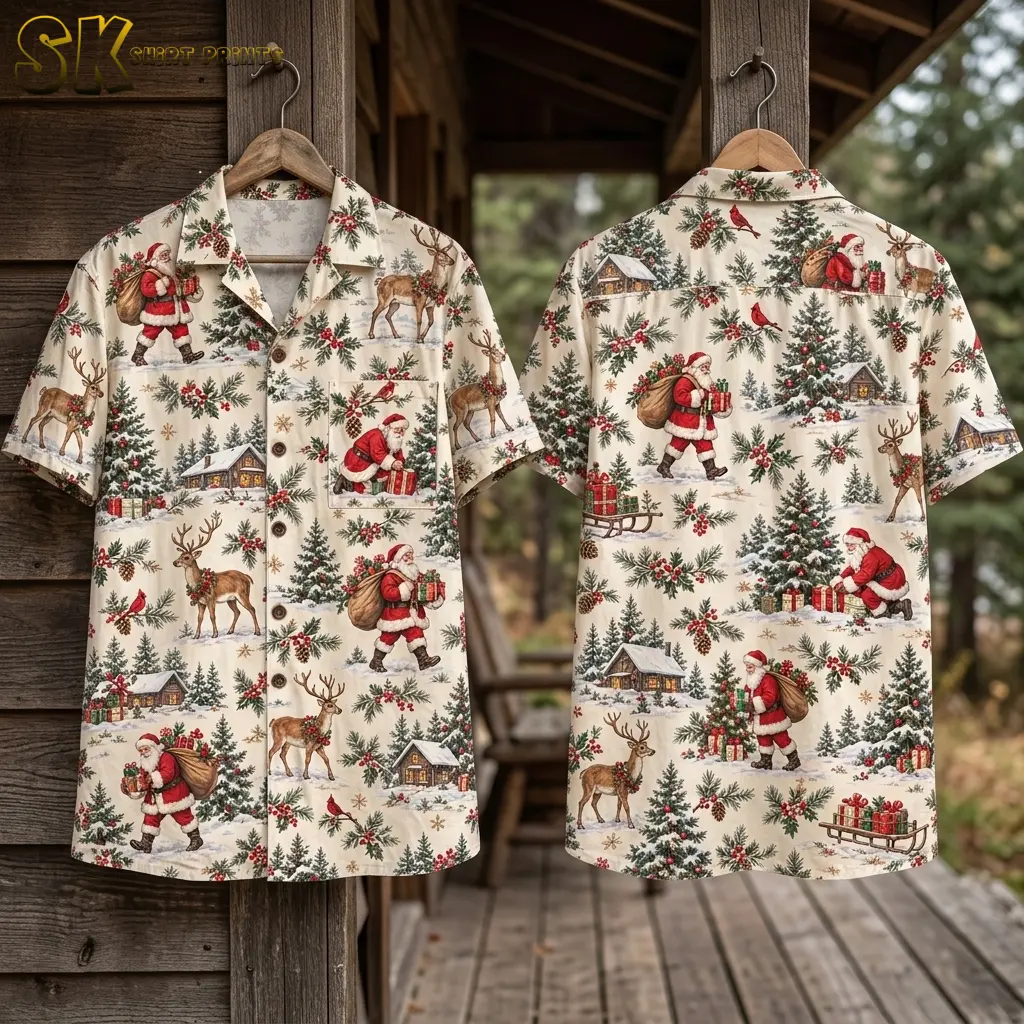 Front and back of a cream Christmas themed Hawaiian shirt hang from wooden porch posts, displaying Santa, snowy trees, and gift-filled sleds.