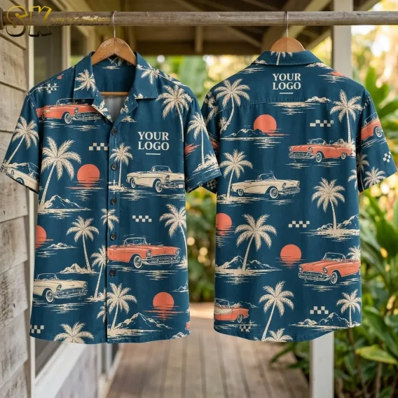Two company logo Hawaiian shirts hang on wooden hangers from an outdoor beam, showing the front 'YOUR LOGO' chest print and the upper-back logo placement side by side.