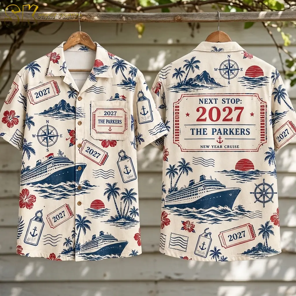 Cream New Year Cruise shirts hang outdoors on wooden hangers, showing the front pocket and large 2027 back graphic.