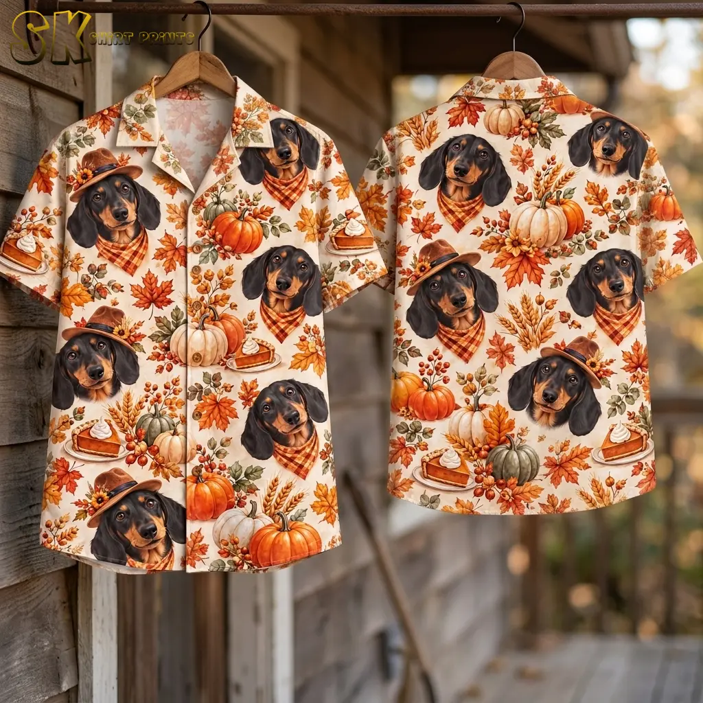 Front and back displays of a dachshund-print Thanksgiving button up shirt hang from wooden hangers beside a weathered wood wall.