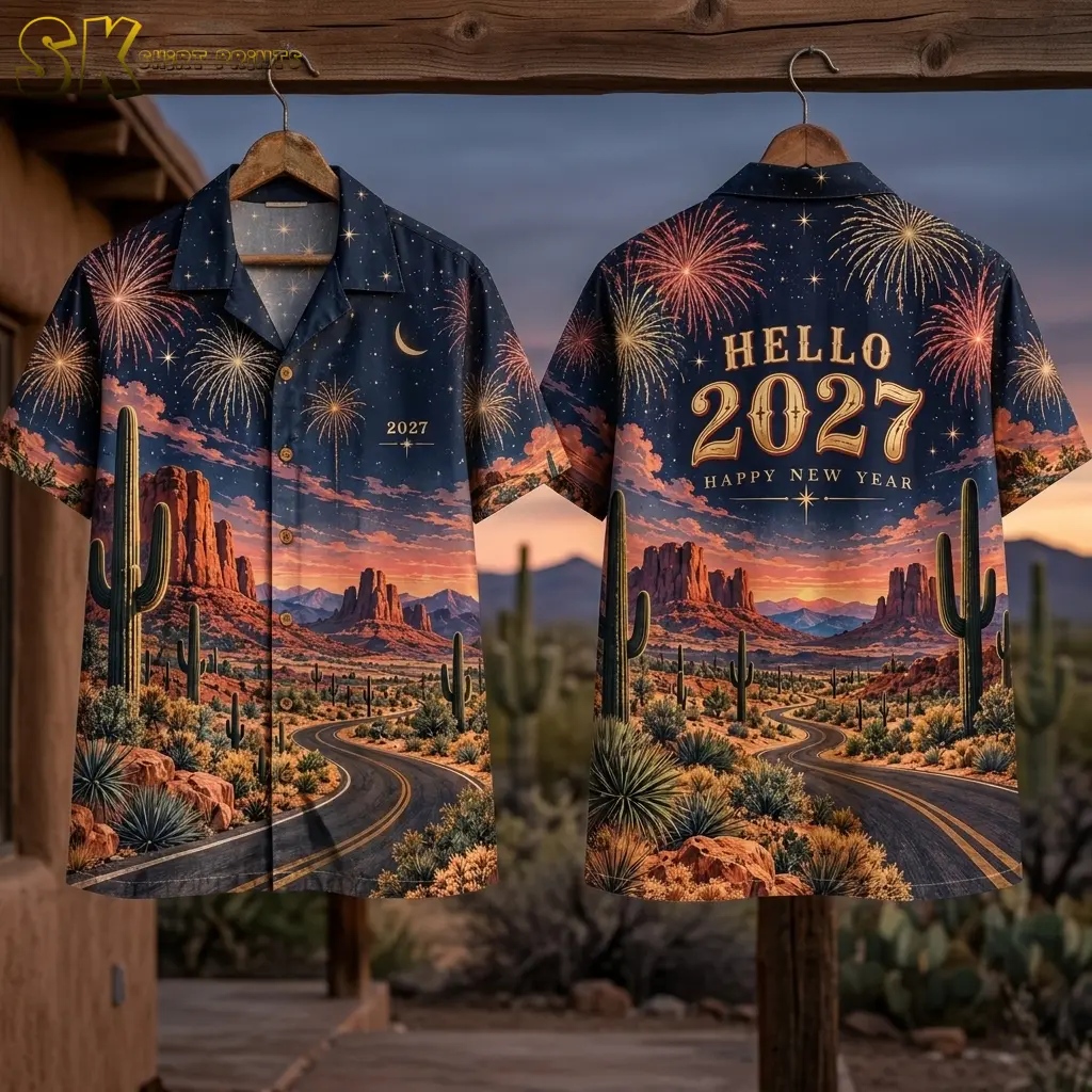 Front and back of the desert New Year shirt hang from a wooden beam outdoors, displaying fireworks, cacti, and the large 2027 back greeting.