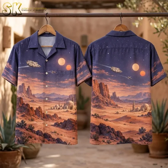 Front and back of a Star Wars Hawaiian shirt hang from a metal rail on wooden hangers, displaying a desert scene beneath a starry sky.