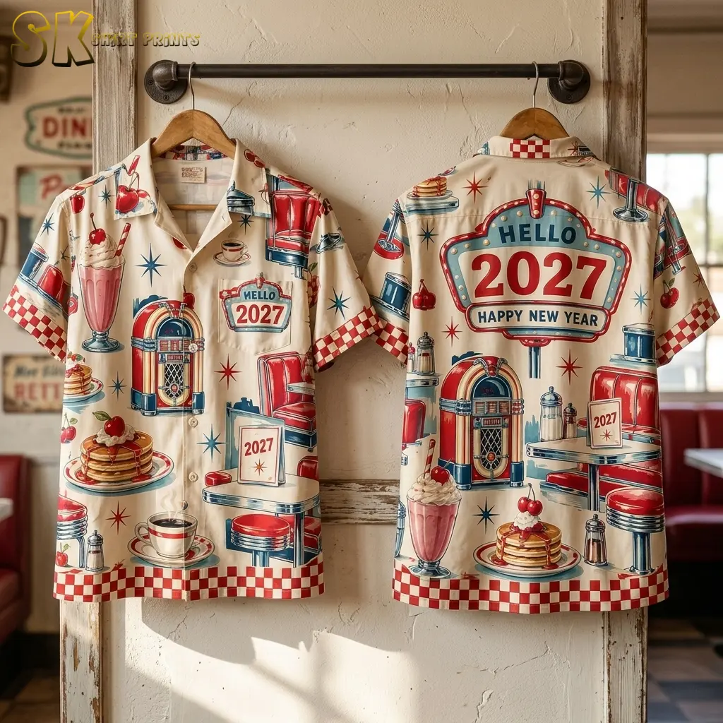Cream diner-print shirts hang side by side on wooden hangers, displaying the button front and a large “HELLO 2027 HAPPY NEW YEAR” back graphic.