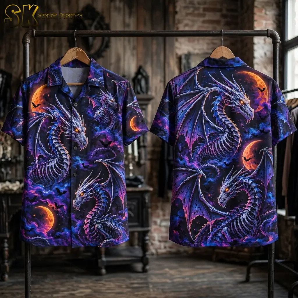 Front and back of a dragon-print Halloween Hawaiian shirt hang on wooden hangers from a black pipe rack indoors.