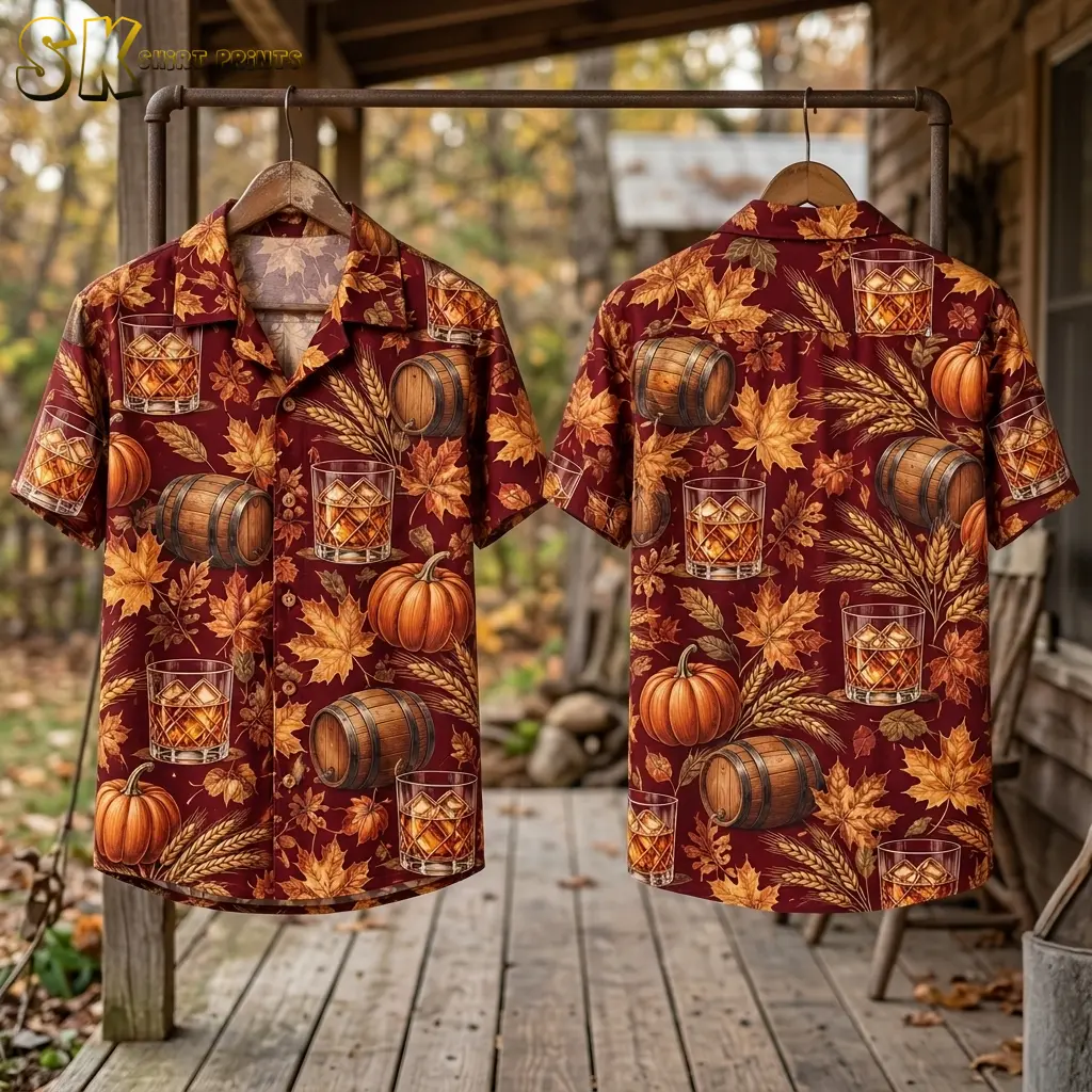 Two burgundy fall Hawaiian shirts hang from wooden hangers on a metal rack, showing the front and back on a wooden porch.