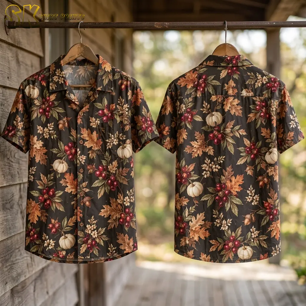 Two black fall Hawaiian shirts hang from a porch rail, displaying the front and back of the pumpkin and berry print.