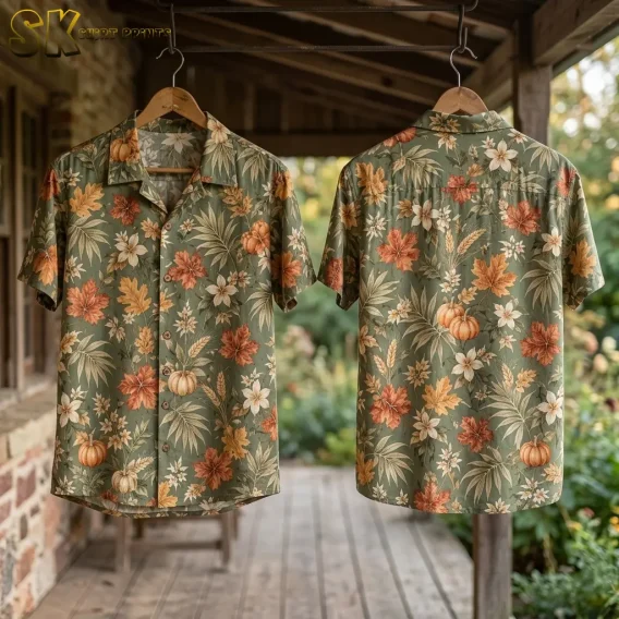 Two olive green fall Hawaiian shirts hang from wooden hangers on a porch, displaying the front and back of the pumpkin-and-leaf print.