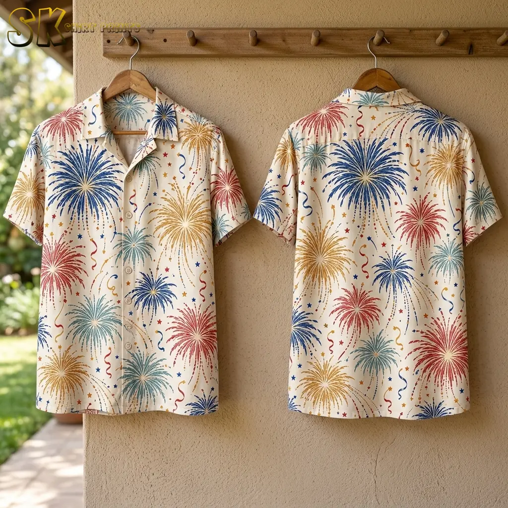Front and back presentations of the ivory firework shirt hang side by side on wooden hangers against a textured wall.