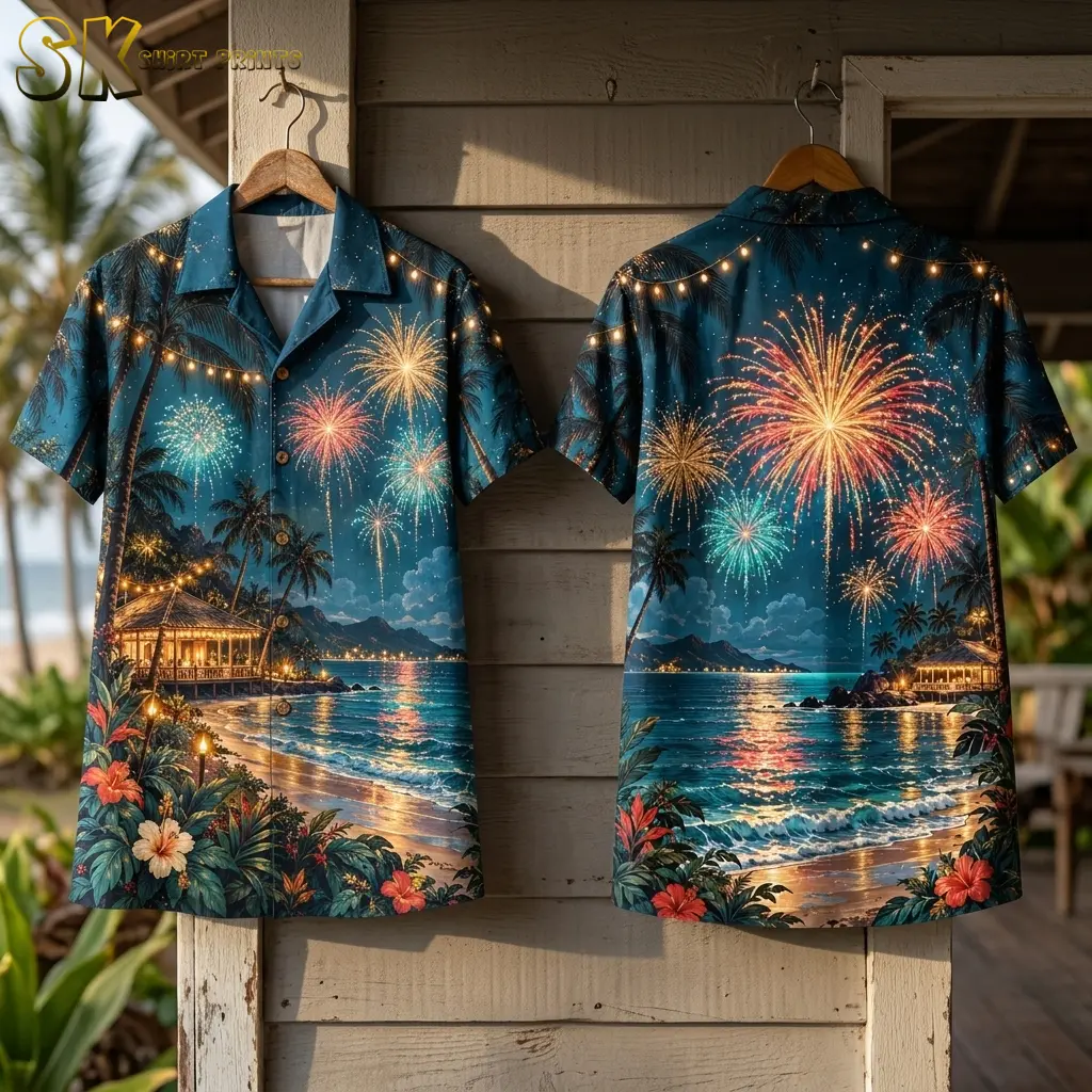 Front and back of the tropical fireworks shirt hang on wooden hangers against a sunlit wood-sided wall.