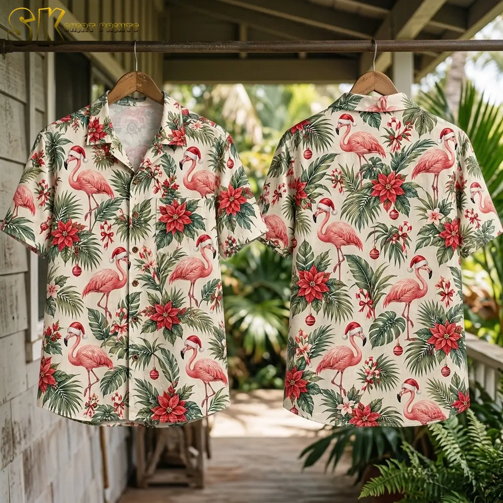 Two cream flamingo Christmas shirts hang from a porch rail on wooden hangers, showing the front and back amid tropical greenery.