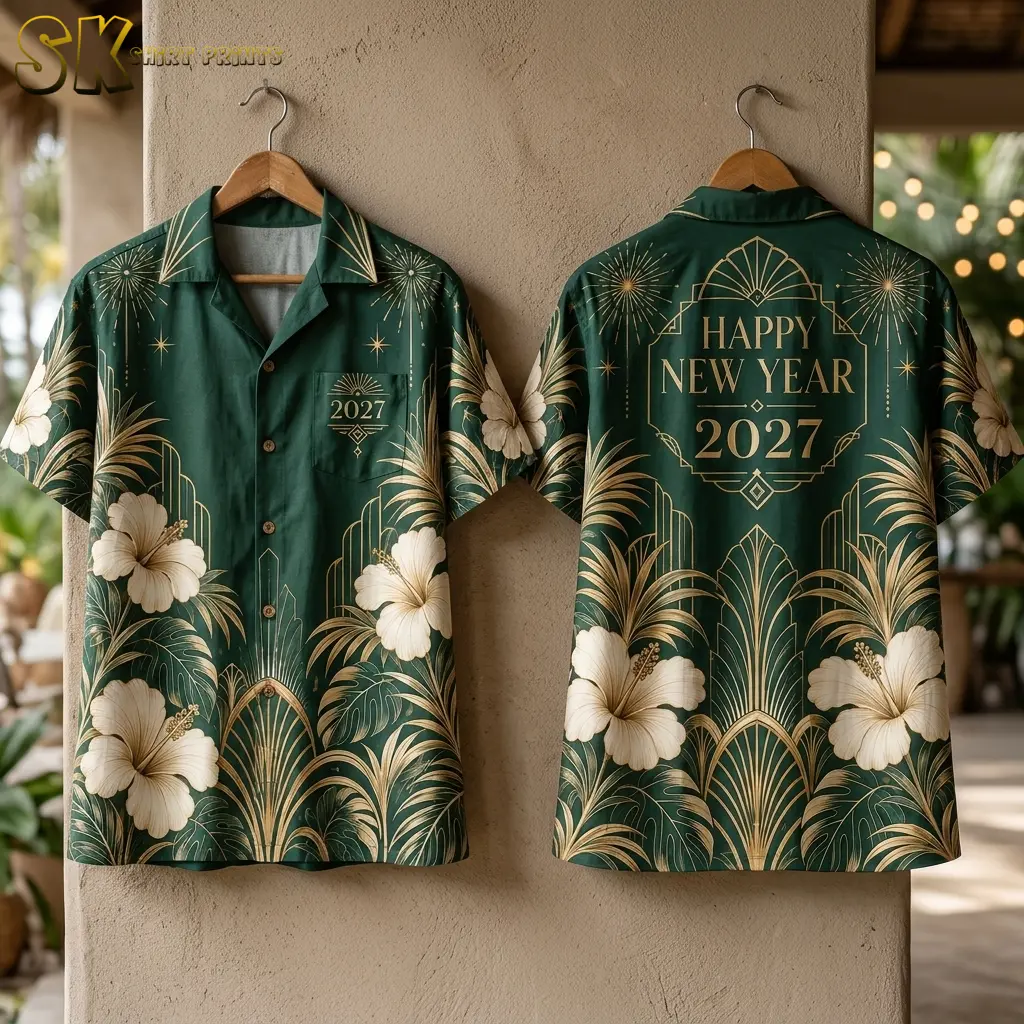 Front and back of the green Hawaiian shirt hang against a beige wall, displaying cream flowers and gold HAPPY NEW YEAR 2027 lettering.