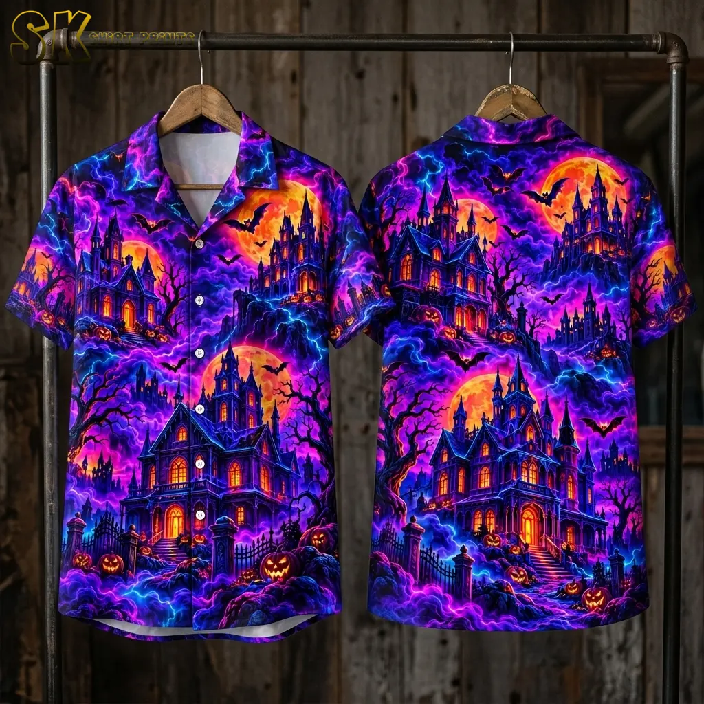 Two Halloween Hawaiian shirts hang from a metal rack, displaying front and back haunted mansion prints with orange moons and bats.