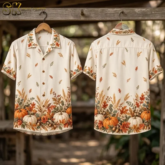 Front and back of a cream harvest-print shirt hang from a wooden beam, showing scattered sprigs above a dense pumpkin border.
